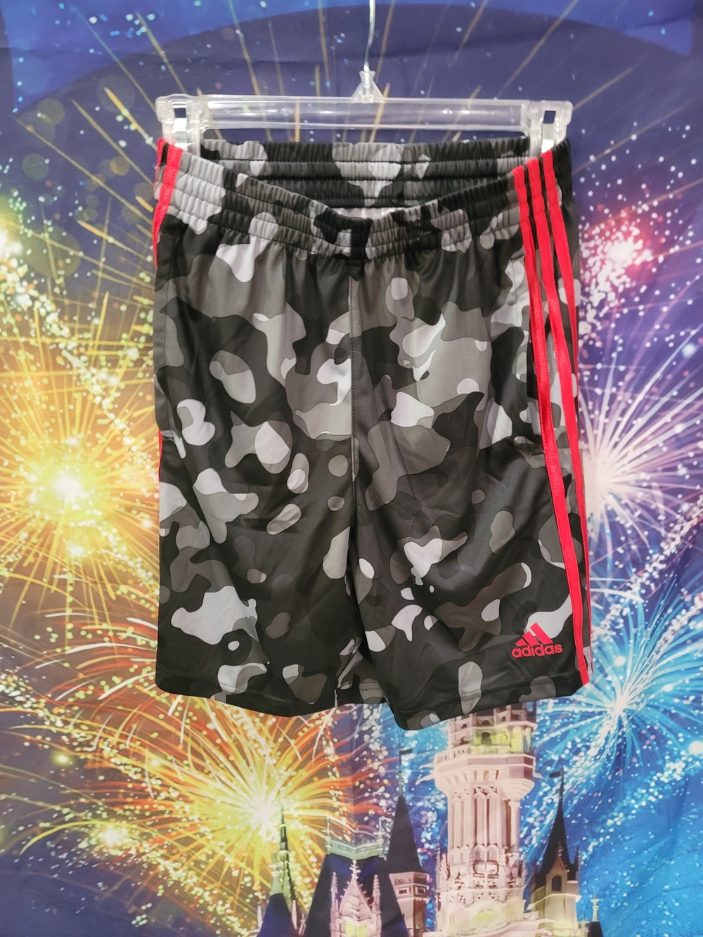 adidas Boy’s Black & Gray Camo Athletic Shorts with Red Stripes
